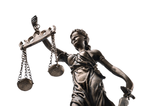 Statue of Lady Justice holding scales, seen from below against a white background