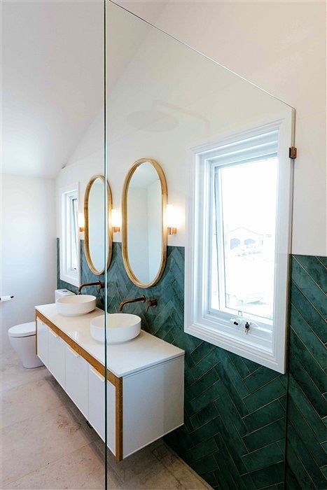 A Bathroom With Two Sinks , a Toilet , and Two Mirrors — Stephen Veigel Kitchens In Gosford, NSW
