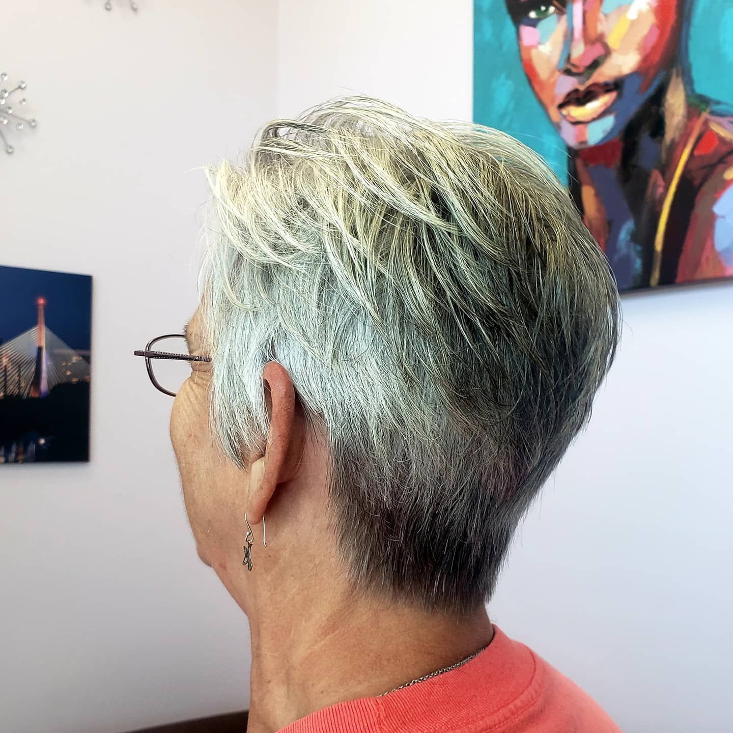 Woman with short, silver hair, wearing glasses, facing away. Peach shirt, paintings on wall.