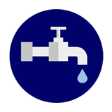 Faucet with a water droplet in a blue circle.