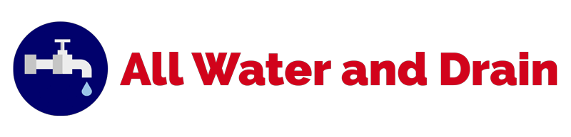 Logo with a blue circle with a faucet icon and text "All Water and Drain" in red.