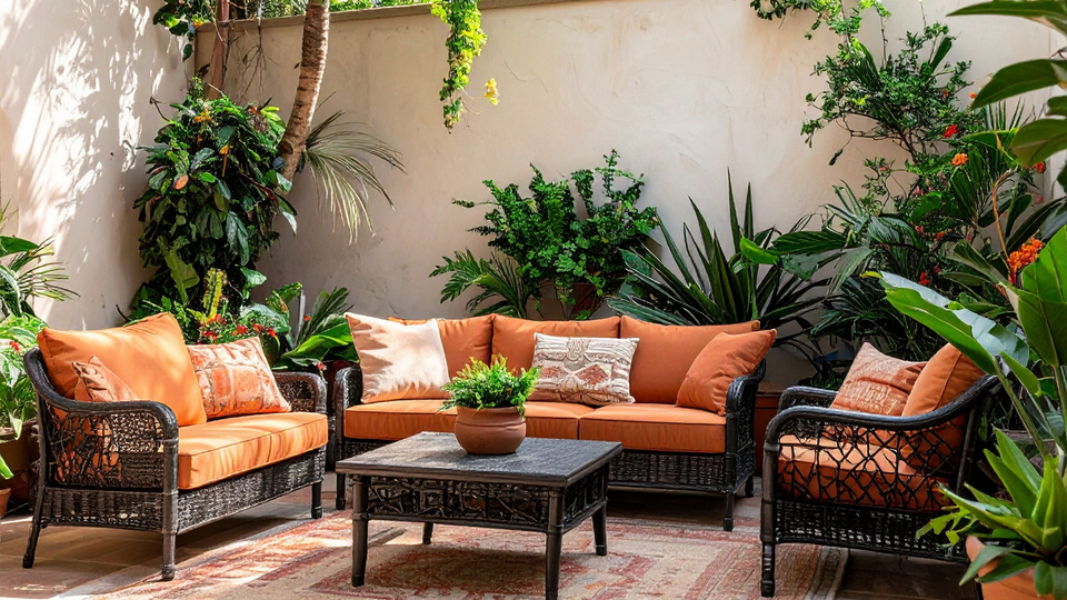 Outdoor patio with orange cushions on wicker furniture, surrounded by lush green plants.