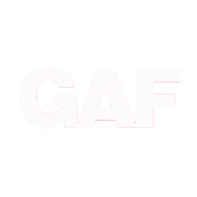 The word gaf is written in red on a white background.