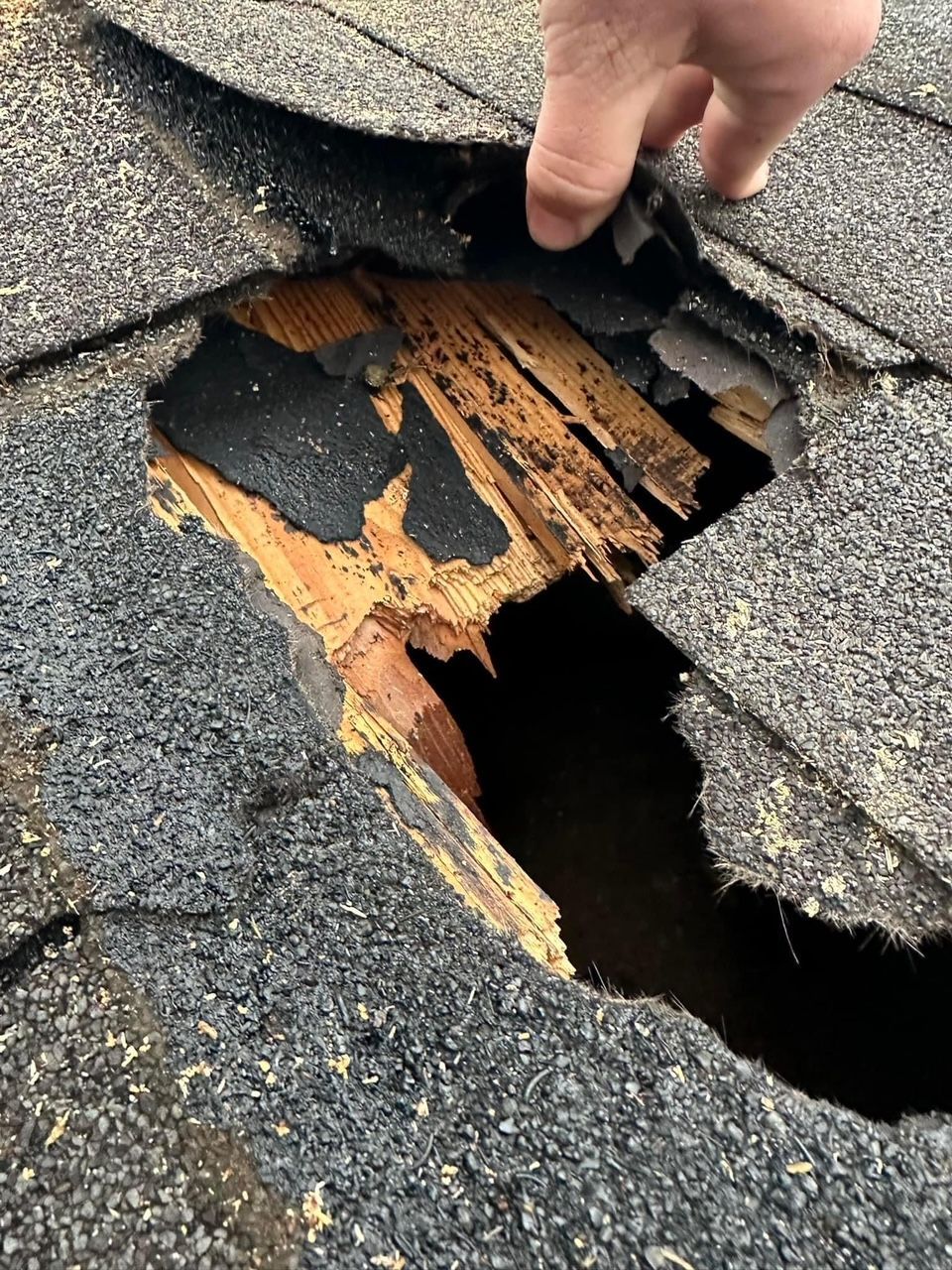 Heavily damaged shingle roof with rotted wood underneath the shingles.