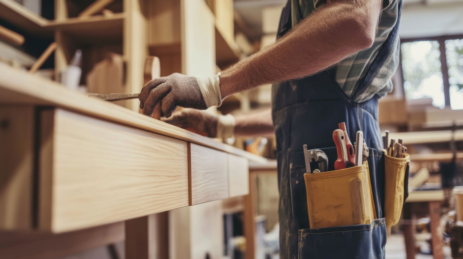 Carpenter in overalls using tools on a wooden workbench in a workshop.
