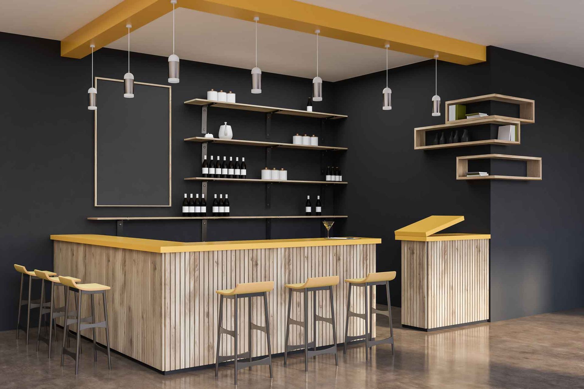 Bar interior with a wooden bar, stools, shelves with bottles, and a dark wall. Yellow beams and pendant lights.