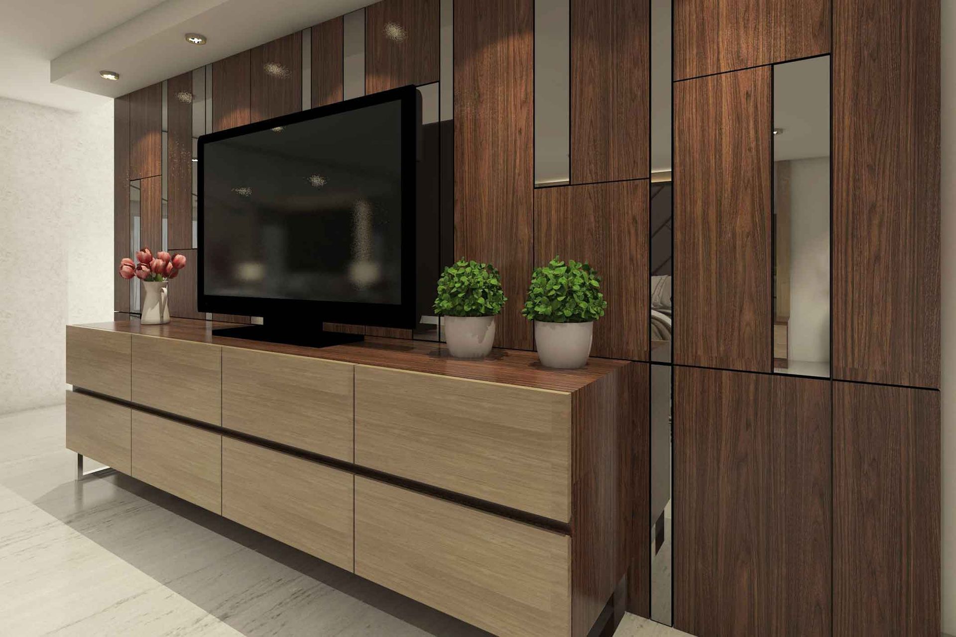 A modern living room with a wooden media console, TV, and decorative plants, set against a backdrop of wood paneling and mirrors.