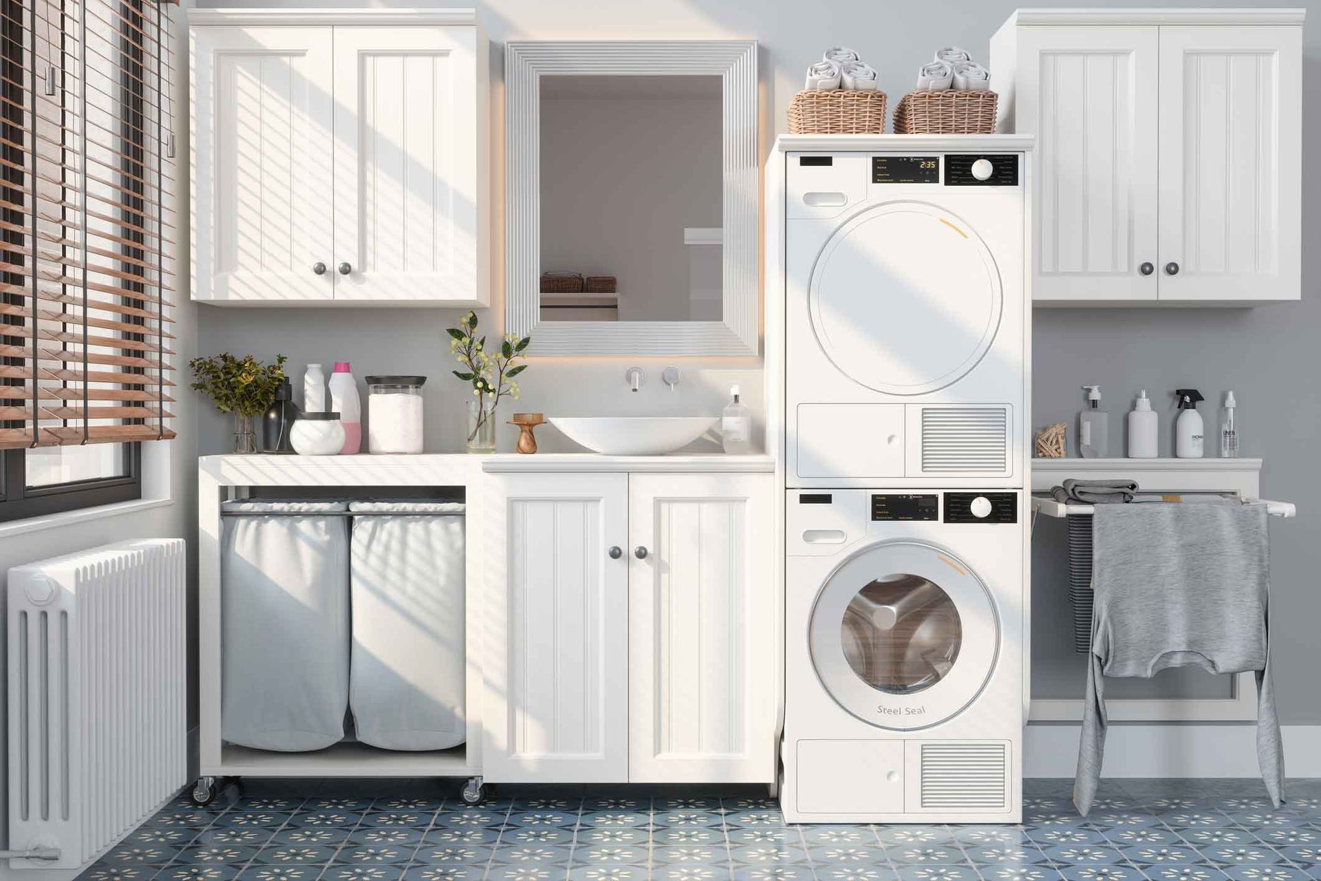 Laundry room with white cabinets, stacked washer and dryer, and a sink. Blue-tiled floor and window with blinds.