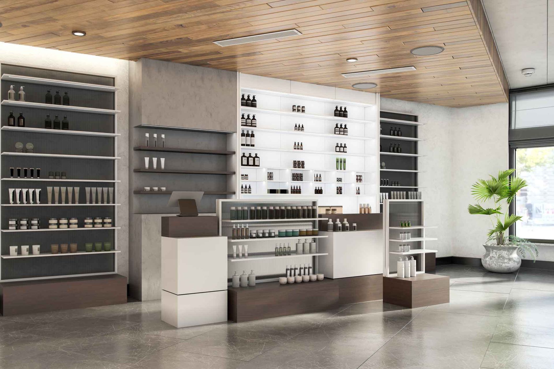 Modern skincare shop interior with product displays, neutral tones, wood ceiling, and plant.