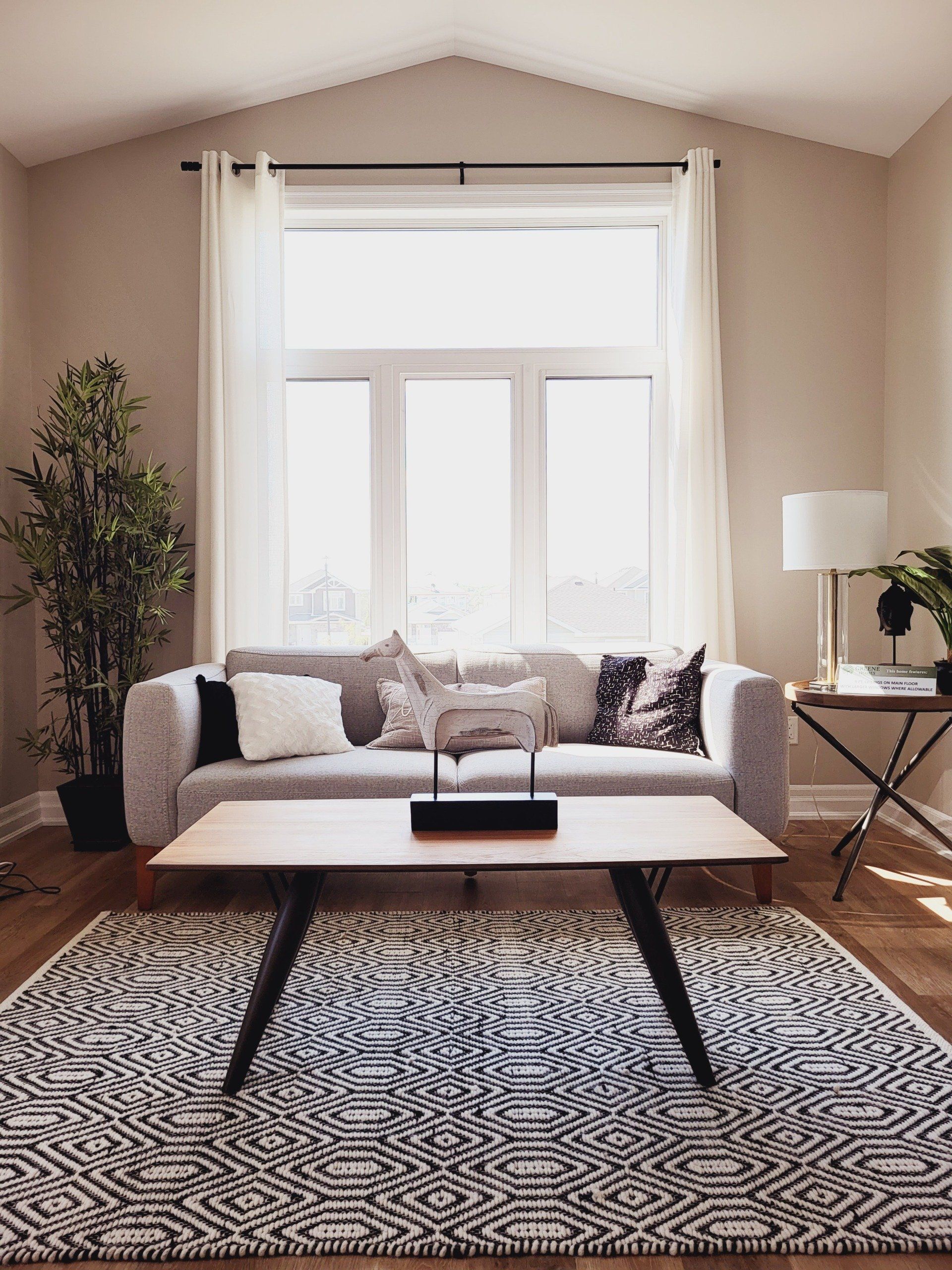 A living room with a couch , coffee table , and rug.
