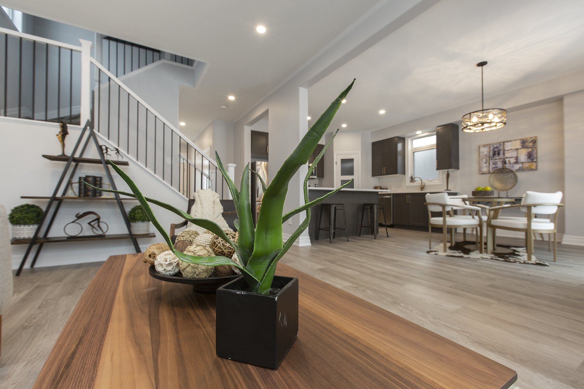 A potted plant is sitting on a wooden table in a living room.