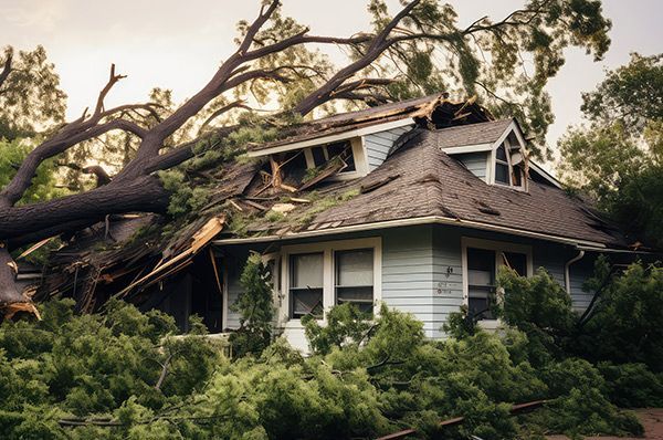 Storm-damaged house with a fallen tree crushing the roof, surrounded by dense greenery.