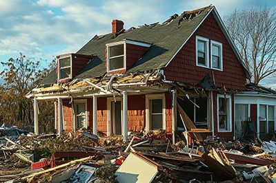 Damaged red house with collapsed roof and debris after a storm