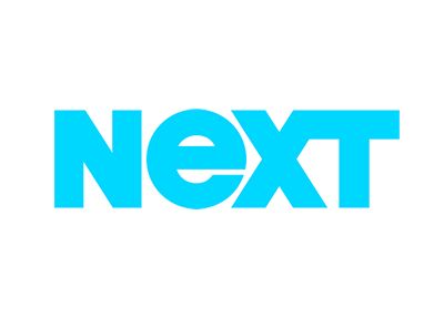Bright cyan “next” logo on a white background