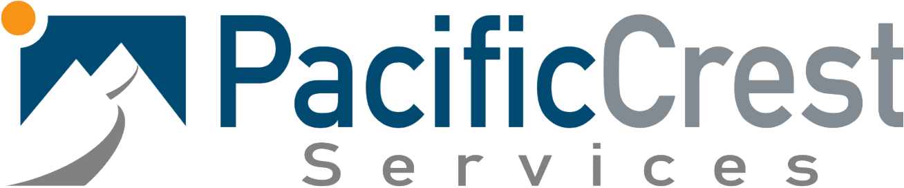 Pacific Crest Services logo with stylized mountain icon in blue, gray, and orange