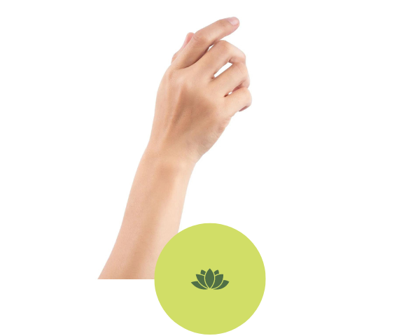 A woman 's hand is pointing to a green circle with a lotus flower on it.