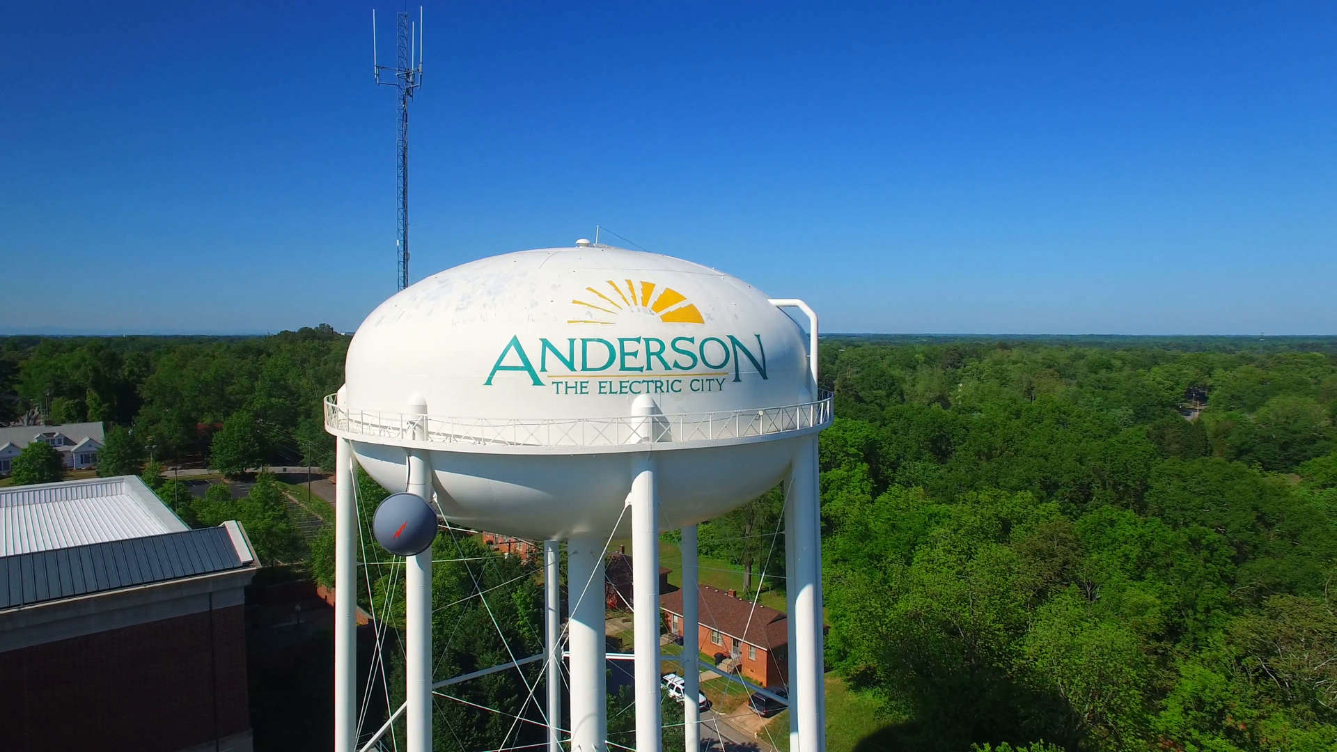 An aerial view of a water tower in anderson , texas.