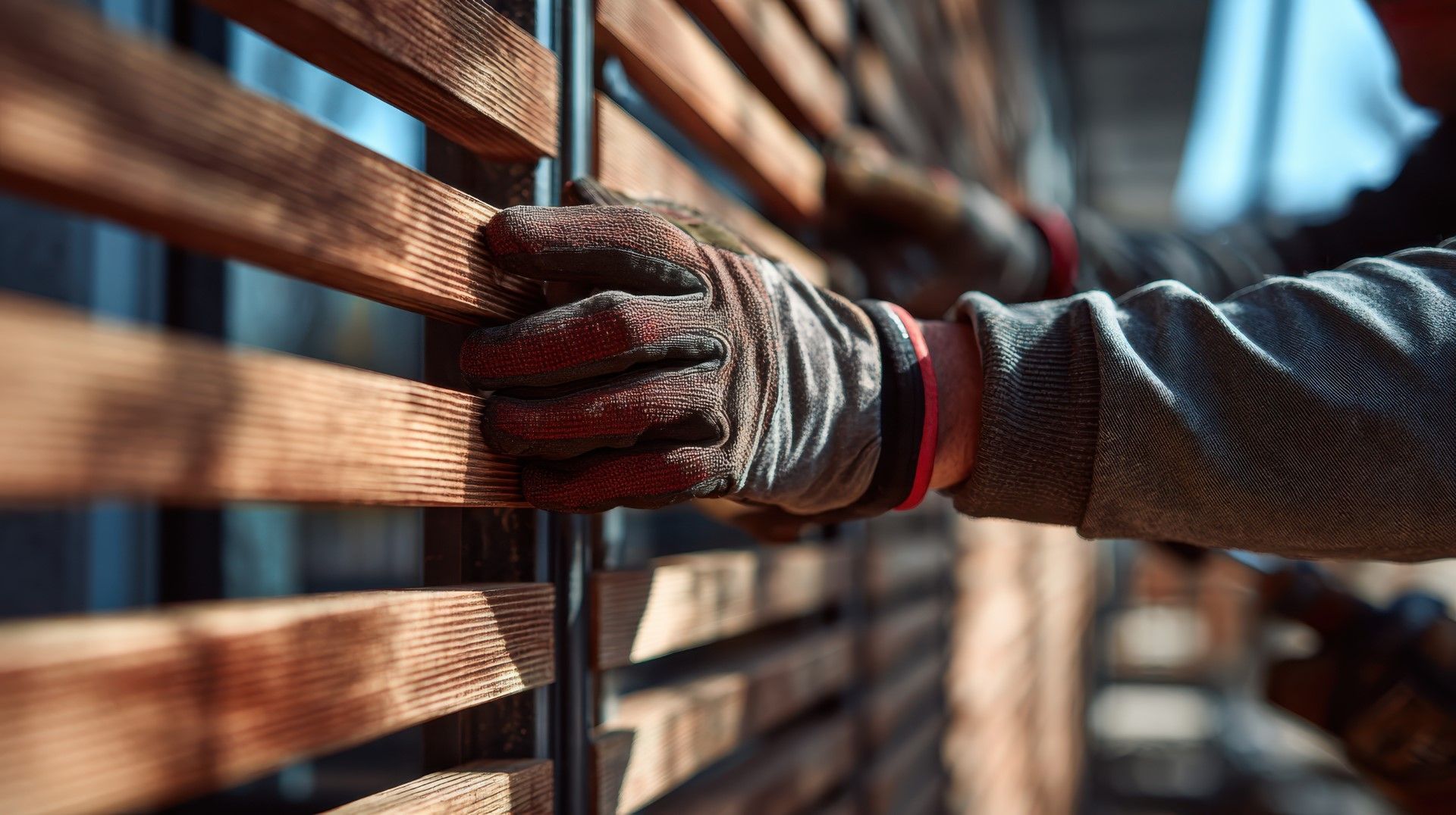 Person wearing work gloves assembling wooden slats.
