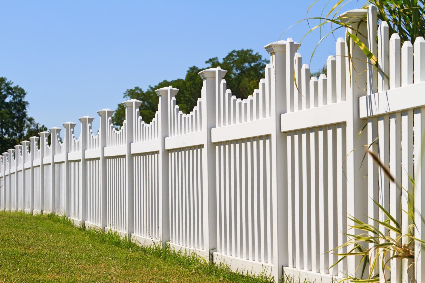 White picket fence on green grass, with a blue sky and trees in the background.