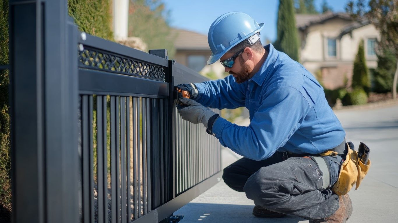 Man in blue hard hat and shirt, fixing a black metal gate outdoors.