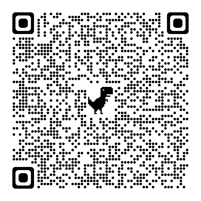 Black-and-white QR code with a small dinosaur silhouette in the center.
