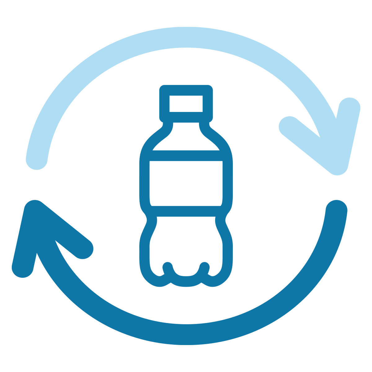 A blue icon of a plastic bottle with two arrows pointing in opposite directions.