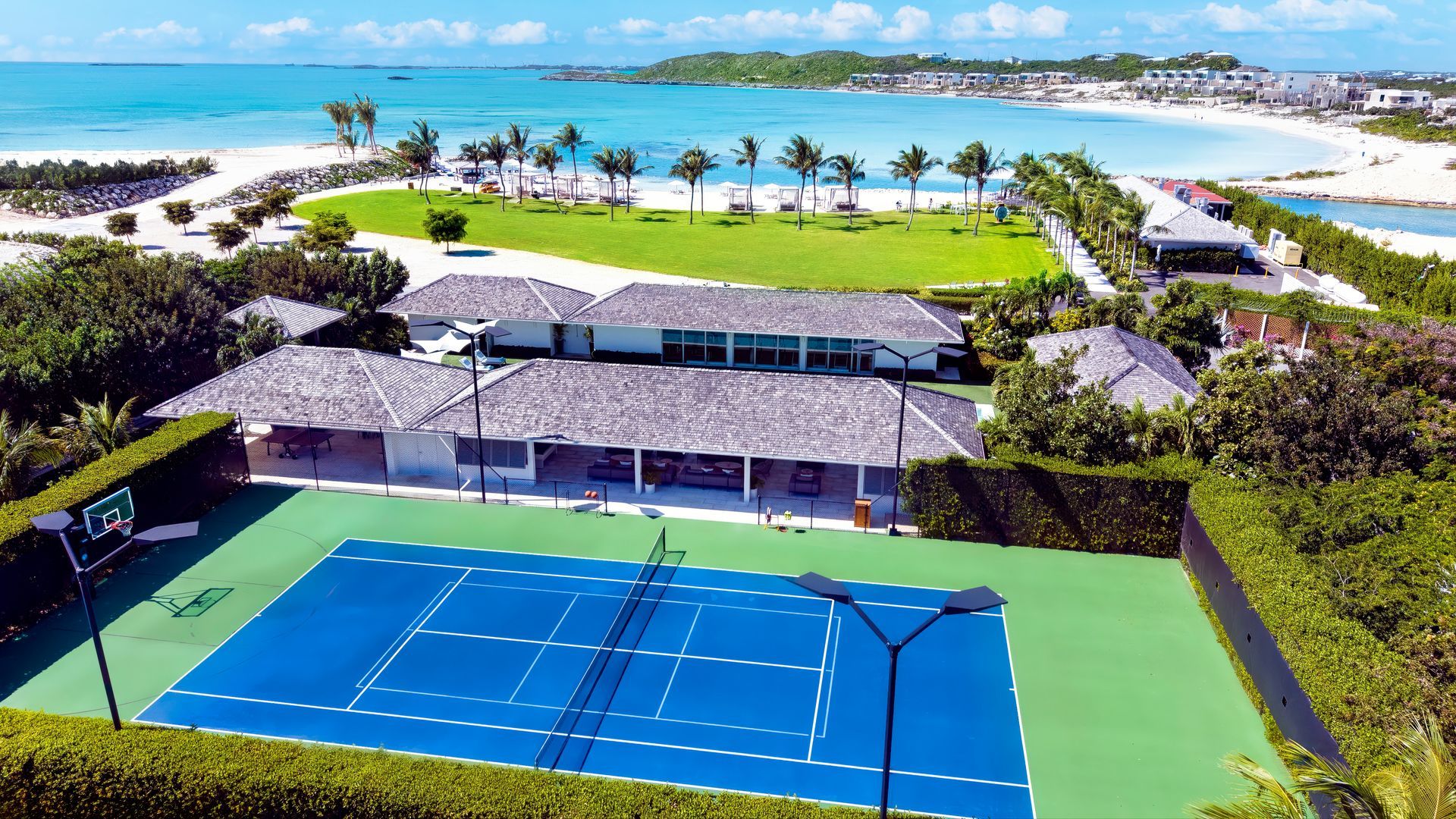 An aerial view of a large body of water with palm trees in the foreground