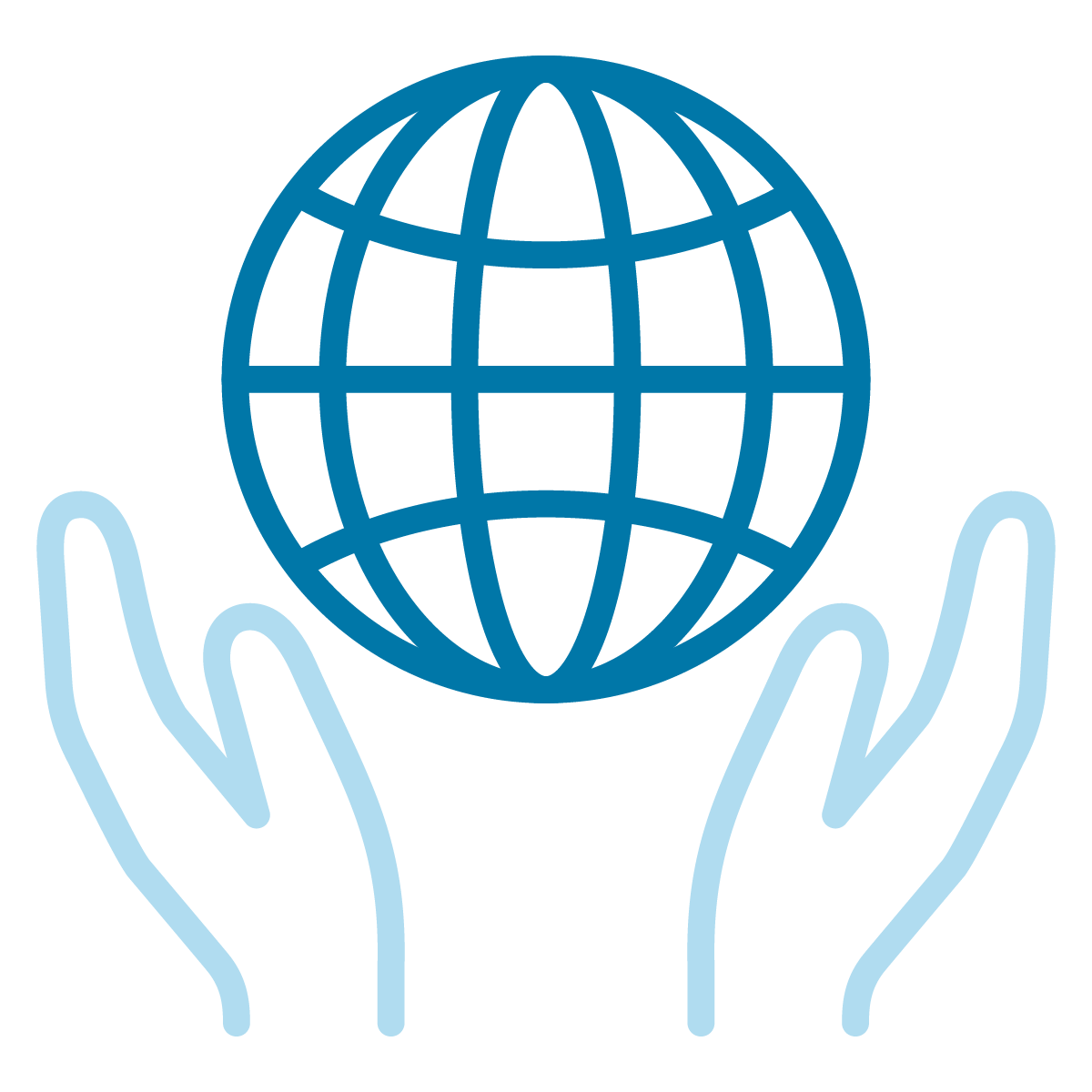 A pair of hands holding a blue globe on a white background