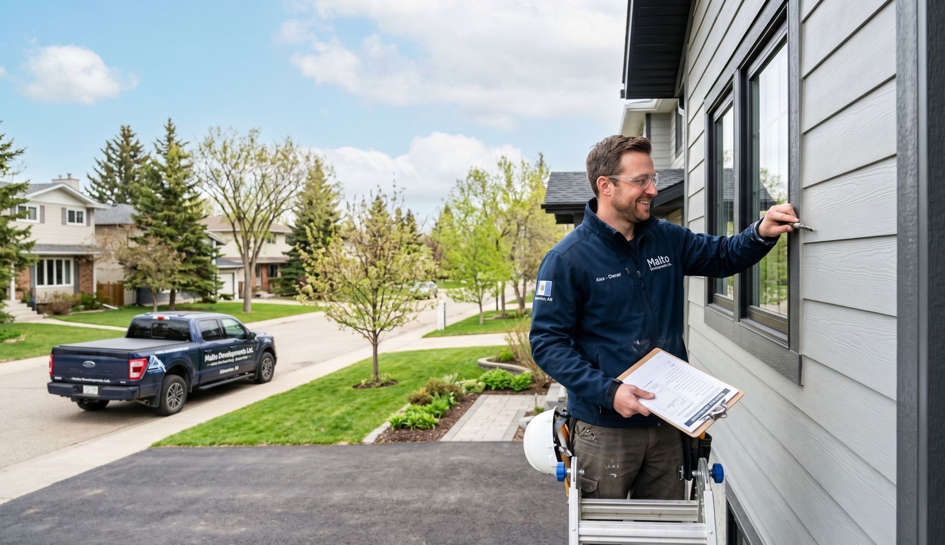 Man on a ladder inspecting a gray house window in a suburban neighborhood, holding papers.