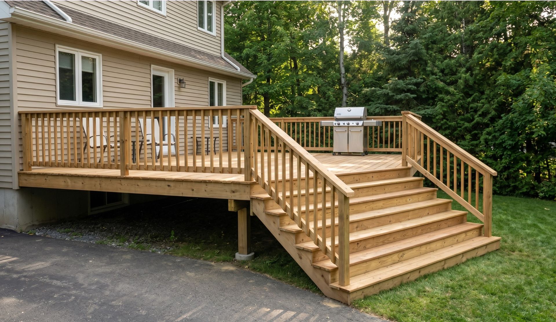 Wooden accessibility ramp and stairs beside a beige house, leading to a deck with railing.