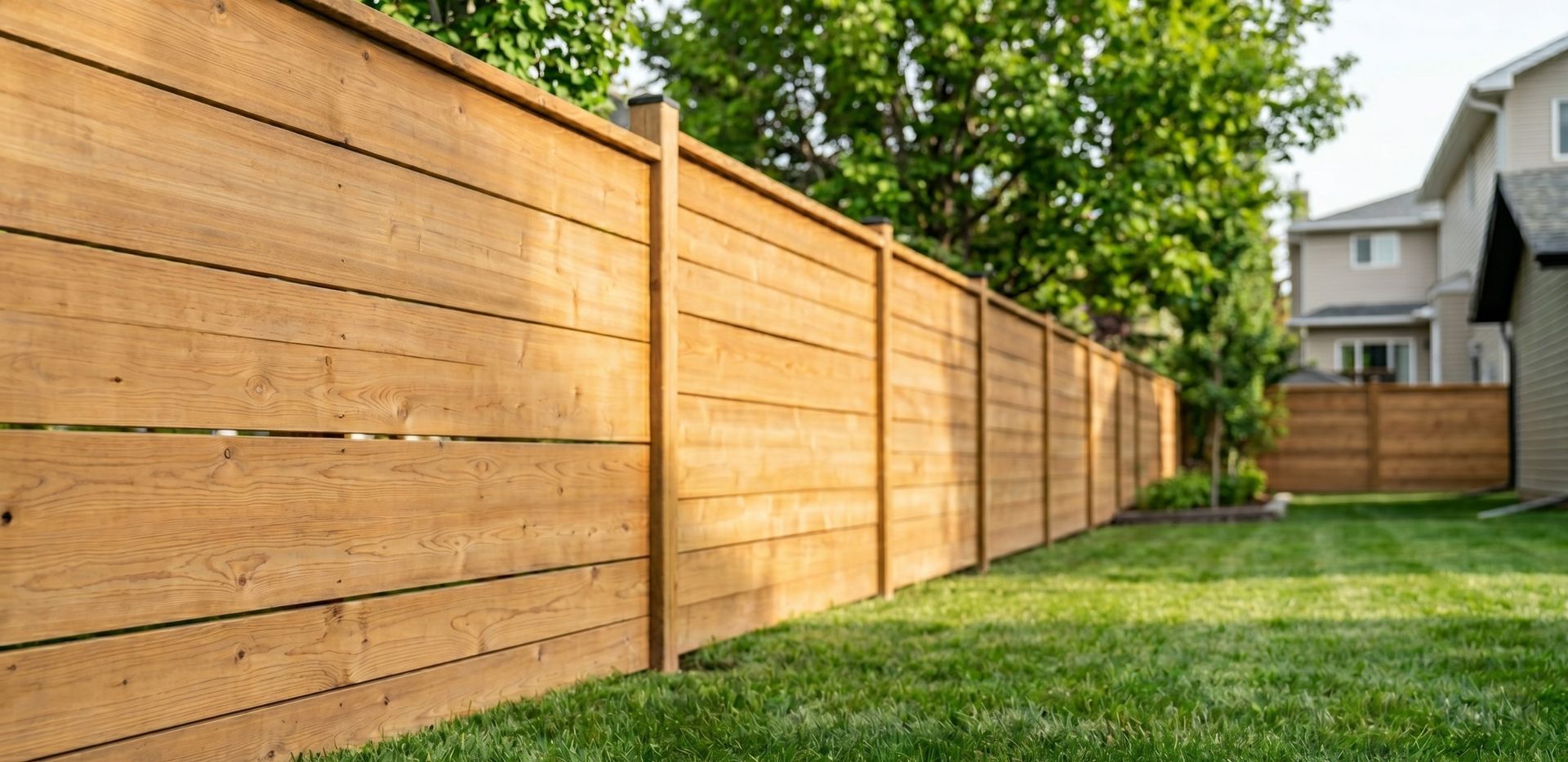 Wooden privacy fence along a green lawn beside houses on a sunny day