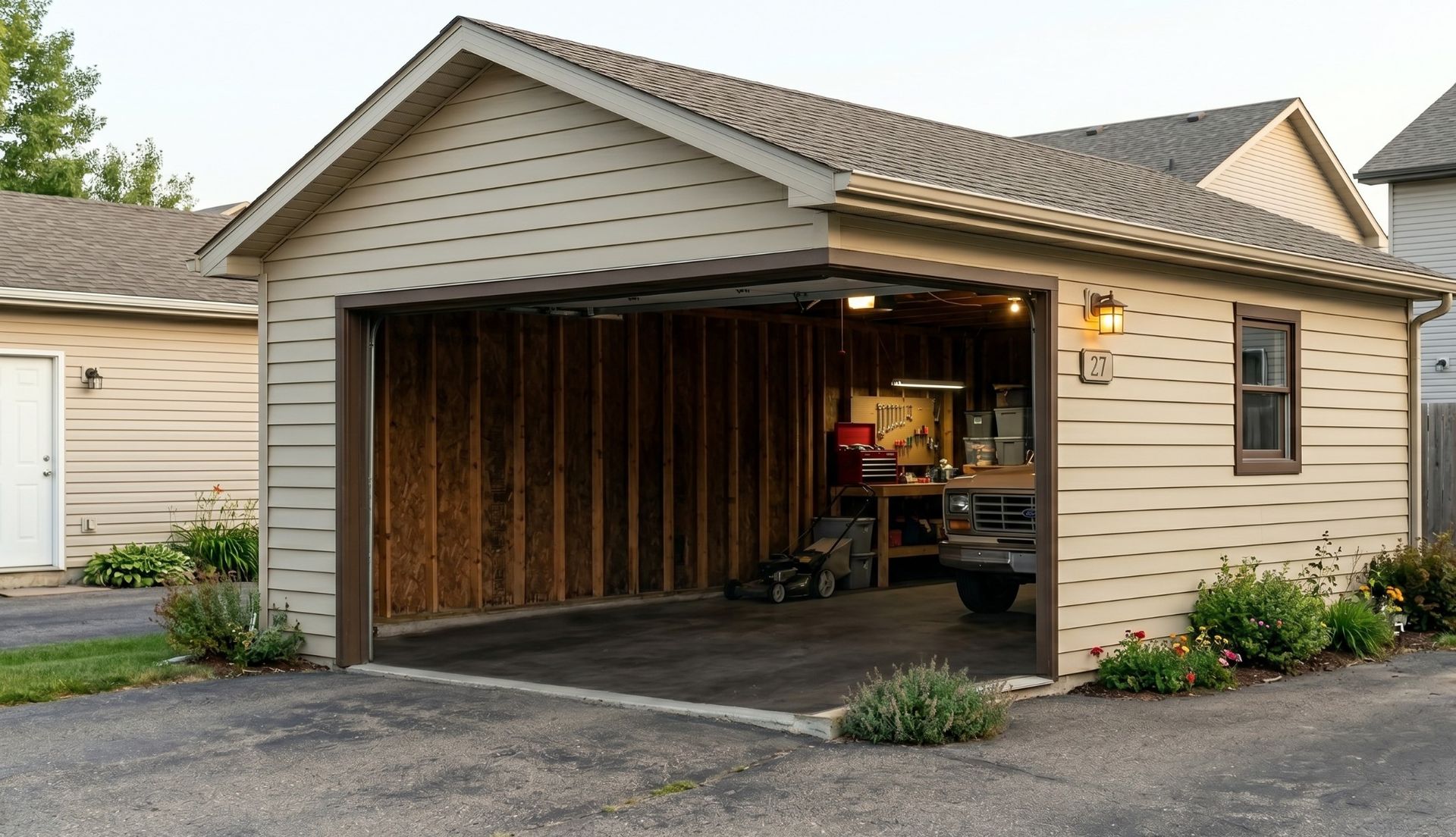 Open garage with wood-paneled interior in a suburban driveway at dusk