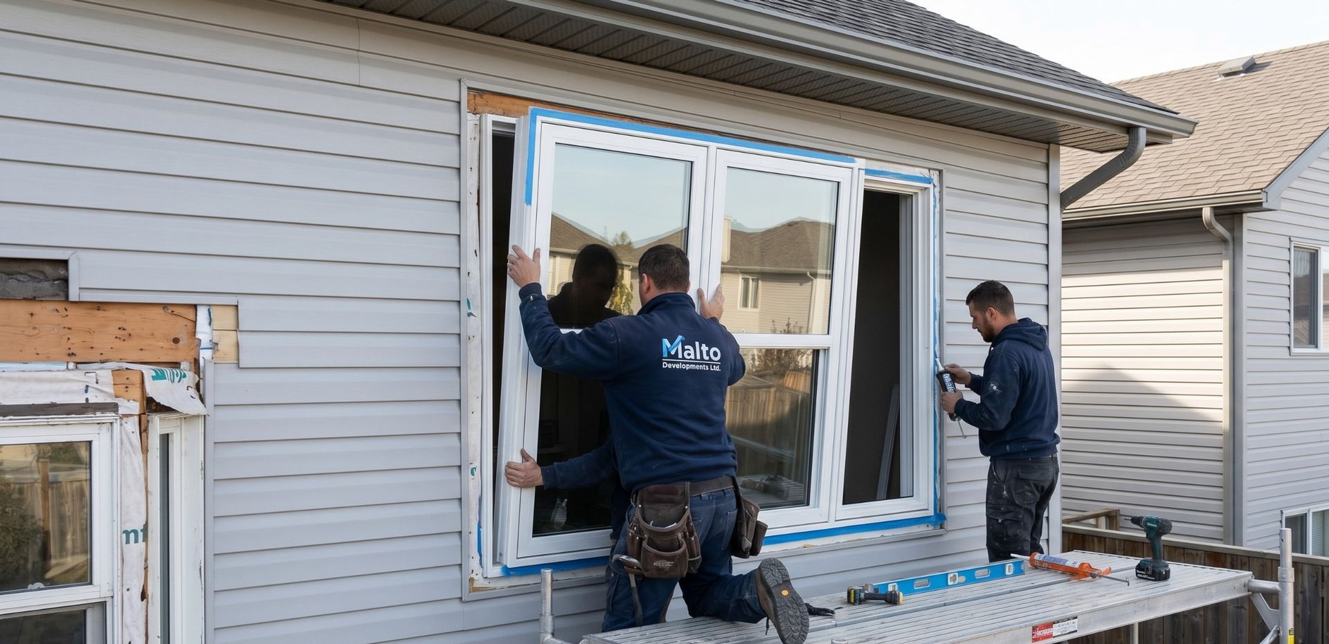 Workers installing a large window into a house exterior with tools and scaffolding nearby