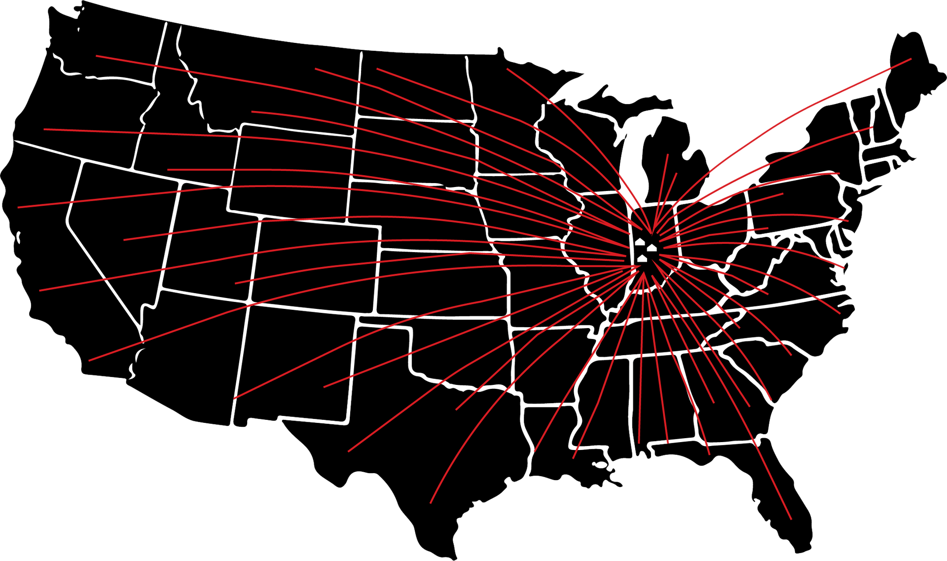 Black map of the United States with red lines radiating from a central point in Indiana to various locations.