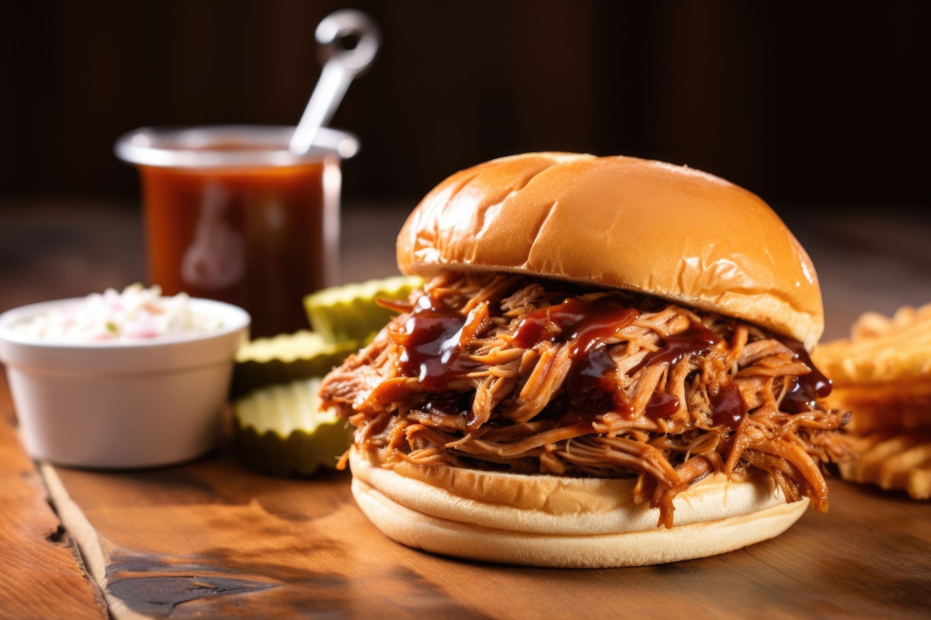 A pulled pork sandwich with coleslaw and pickles on a wooden table.