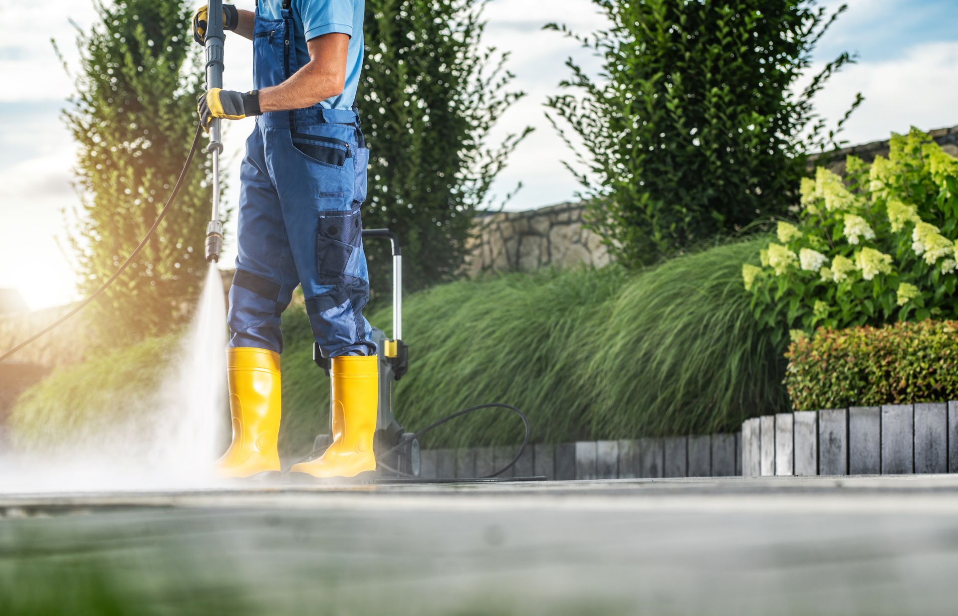 A man is using a high pressure washer to clean a sidewalk.