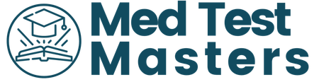 The logo for med test masters has a graduation cap on it.