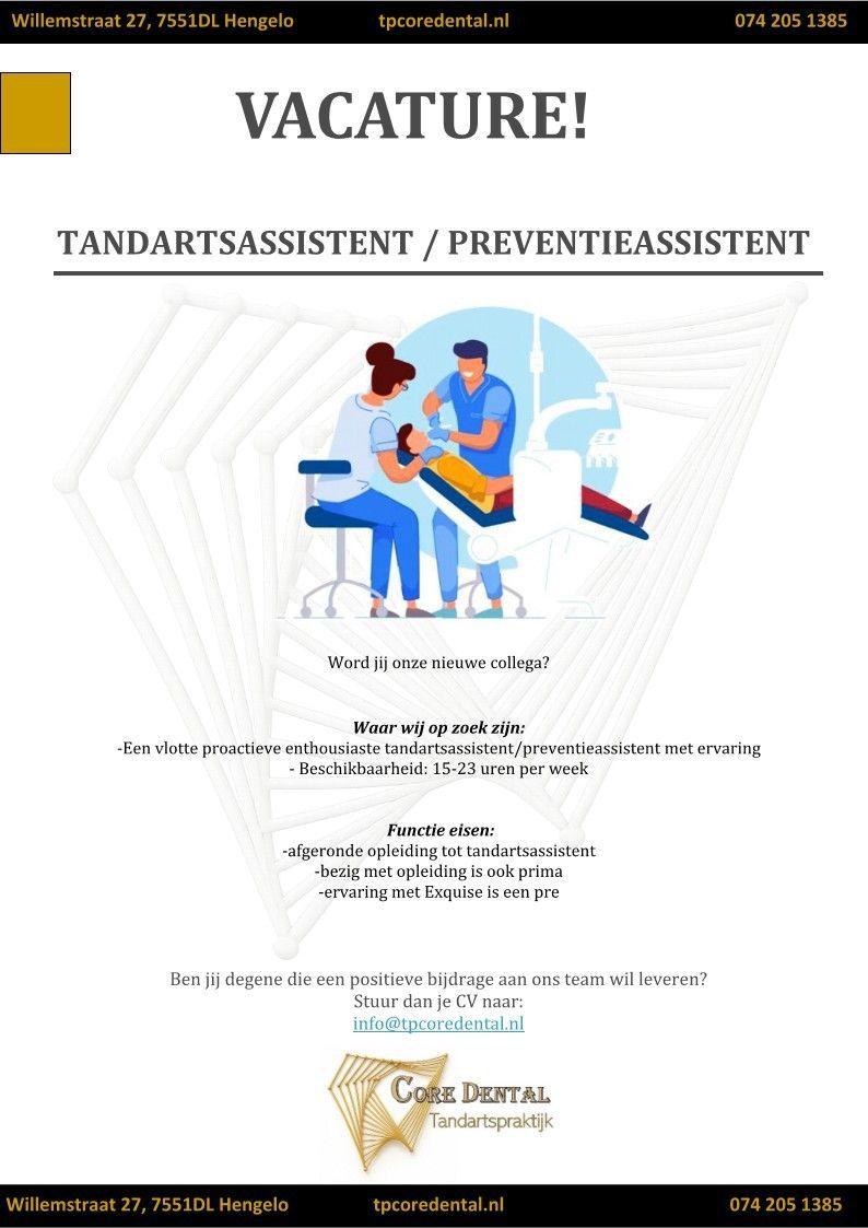 Vacature voor tandartsassistent/preventieassistent met een illustratie van een tandartspraktijk.