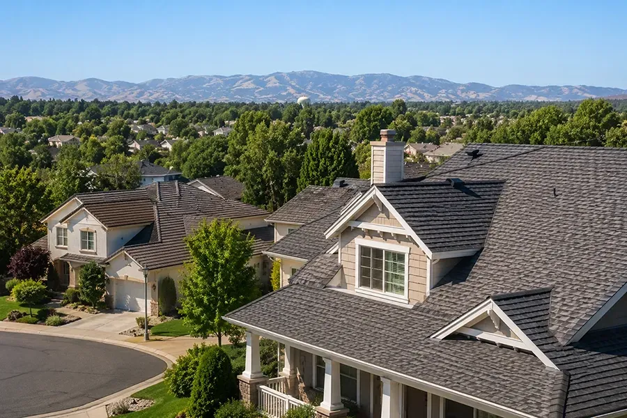 Suburban houses with gray roofs and lush green trees beneath distant mountains under a clear sky