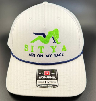 A white trucker hat with a dark blue brim rope. It features a green silhouette, the text 
