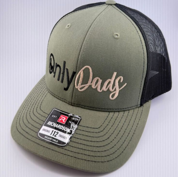 An olive green and black trucker-style cap with 