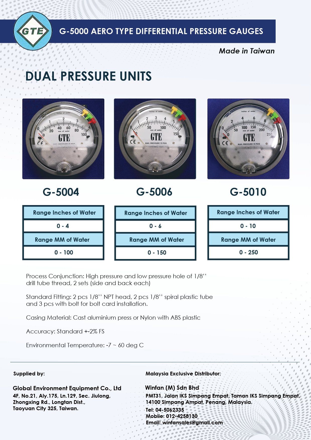 GTE dual-scale differential pressure gauge catalog, Winfan (M) Sdn Bhd