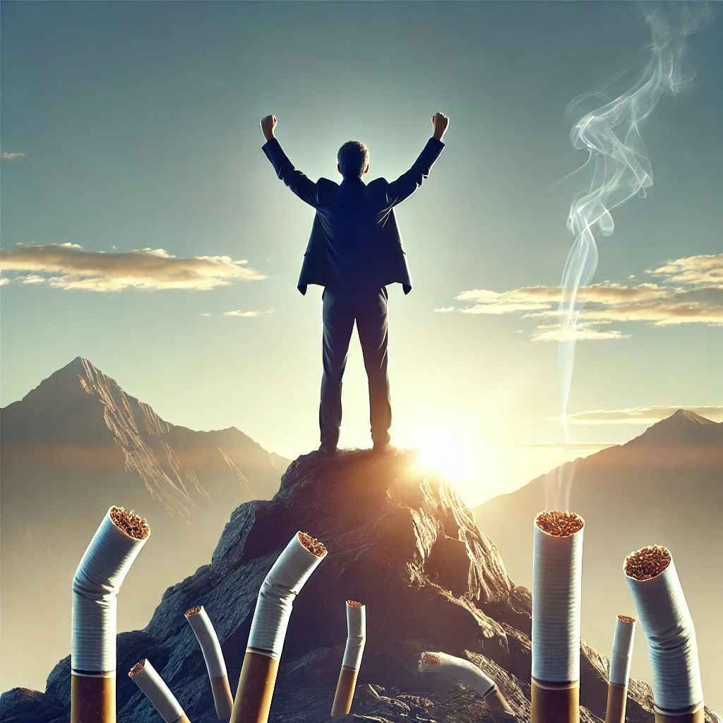 Man standing on a mountain hands high in the air celebrating his victory