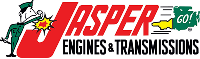 Jasper Engines & Transmissions logo: A man in green uniform is punching with a burst on his fist. Red letters read