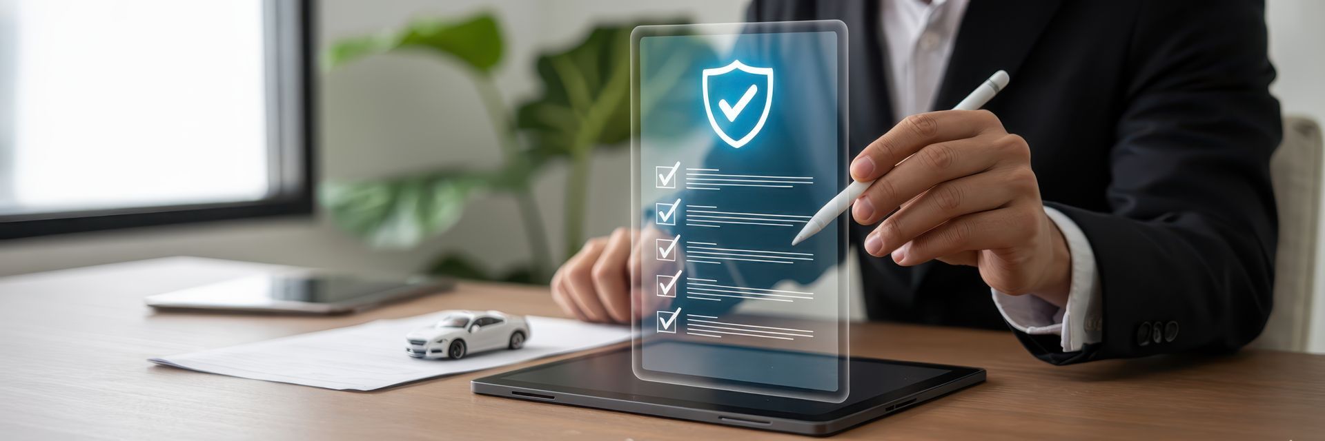 Person in a suit interacting with a digital display showing a car insurance icon, with a toy car and papers on the desk. | Auto Check Elite