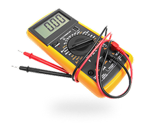 Yellow multimeter with black dial and probes; screen displays 0.00. | Auto Check Elite