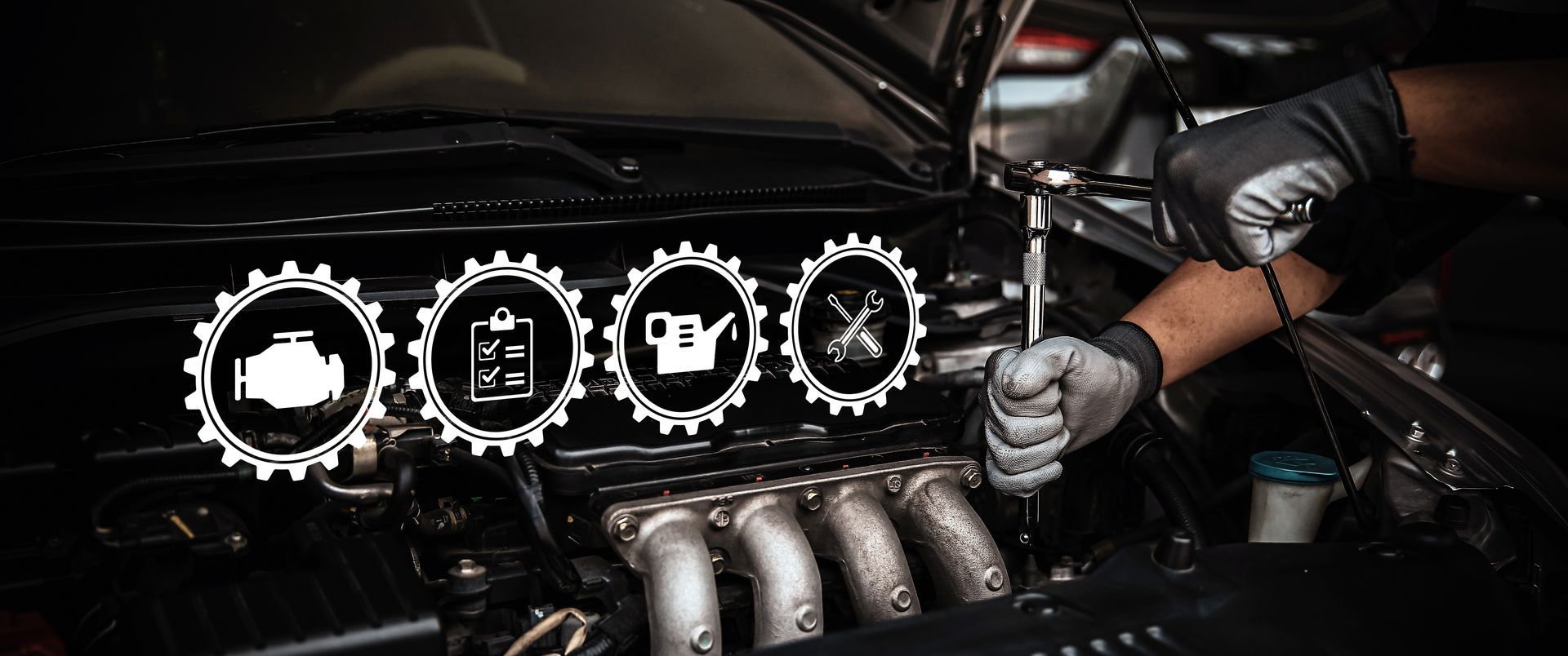 Mechanic working on a car engine, with icons representing engine, checklist, oil, and tools. | Auto Check Elite