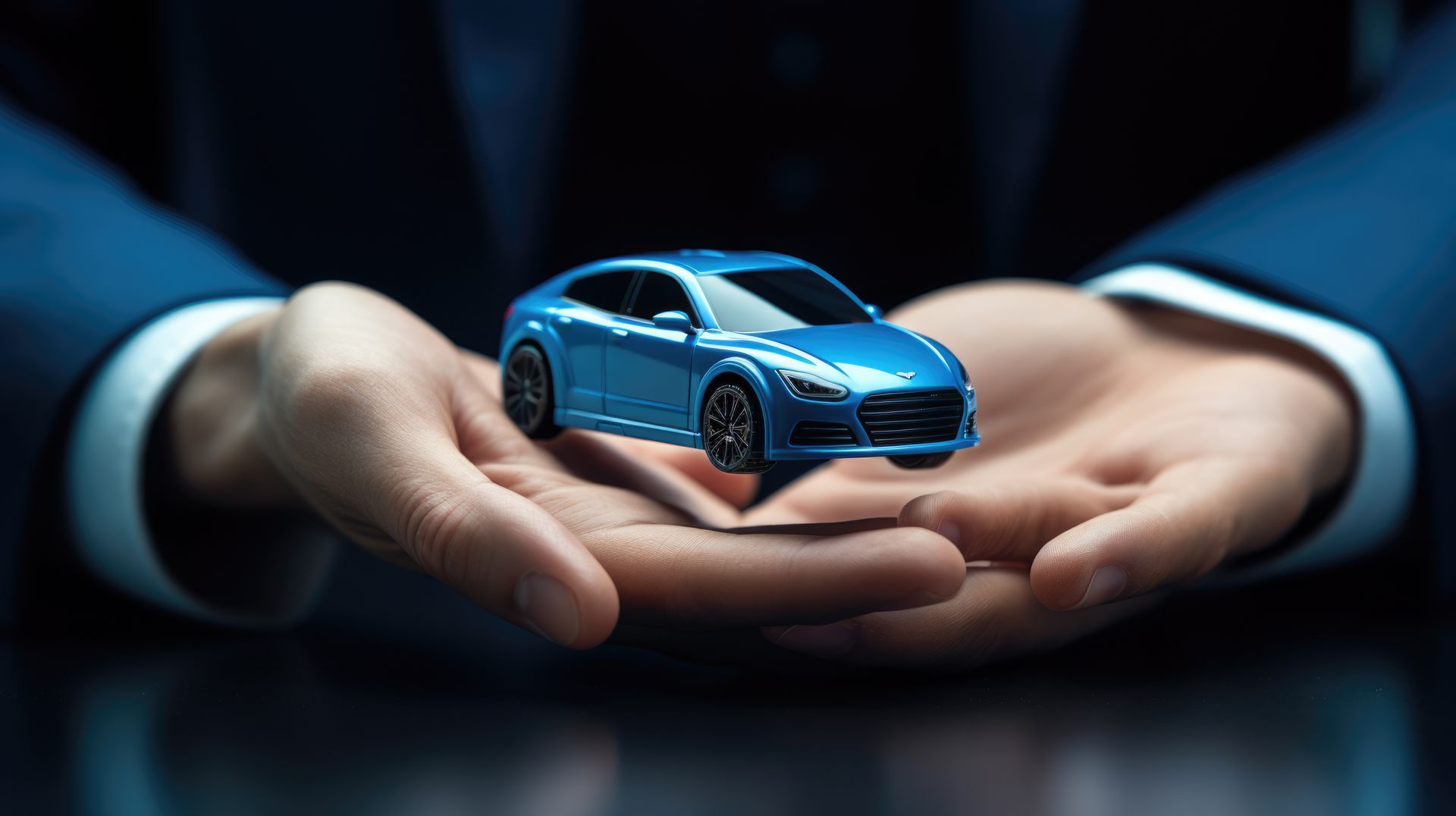 Hands holding a small blue toy car. Person wearing a dark suit. | Auto Check Elite