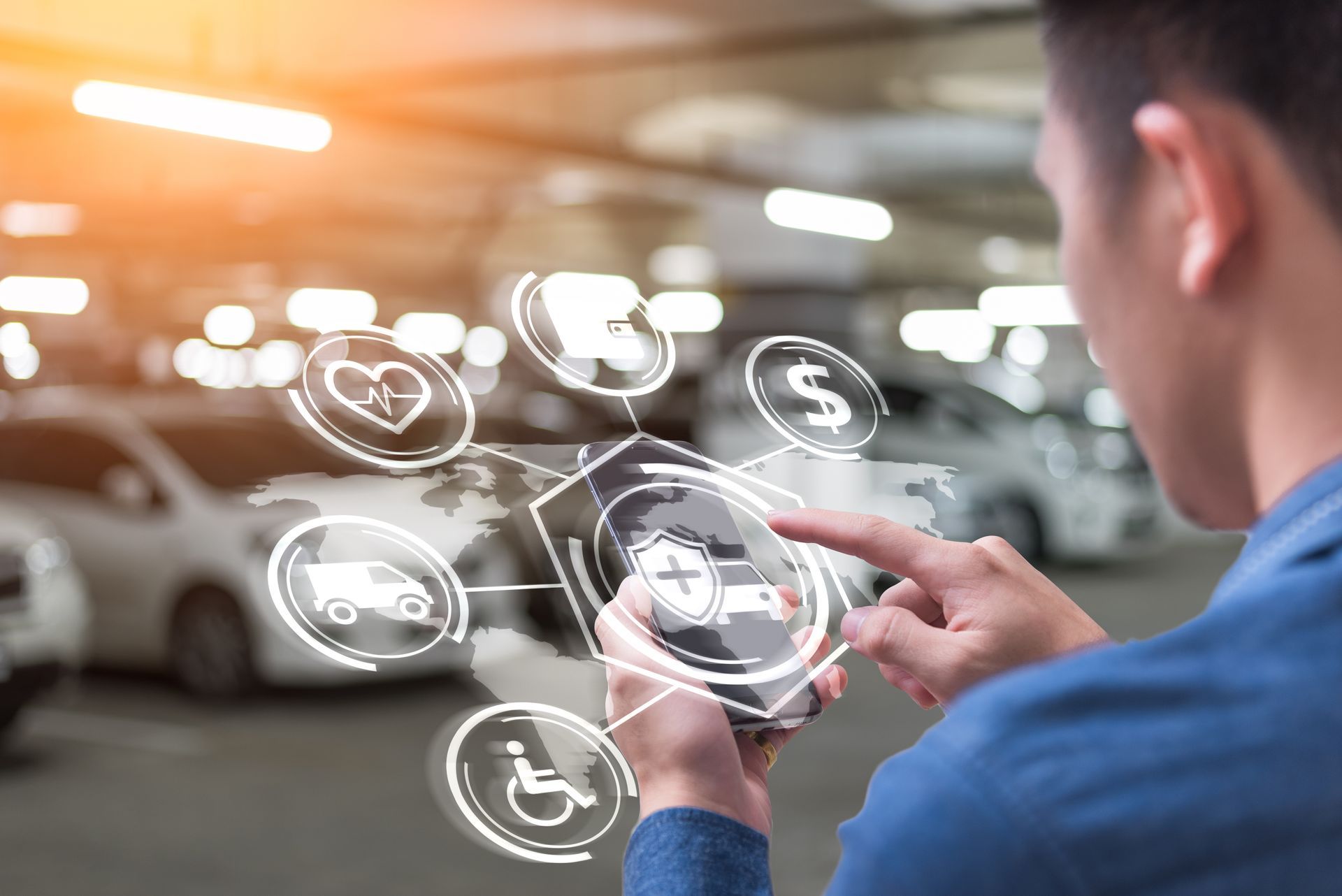 Person in parking garage uses phone, interacting with holographic icons representing services. | Auto Check Elite