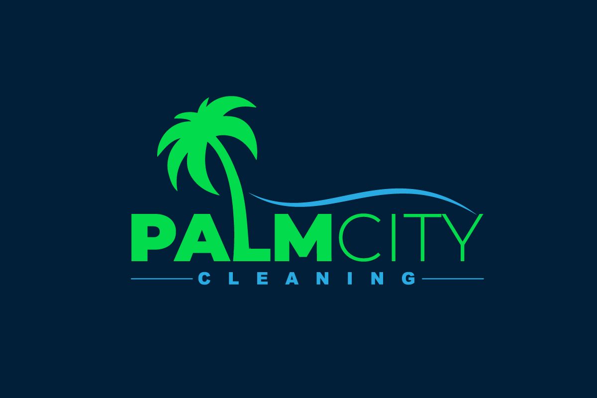 The logo for palm city cleaning has a palm tree on it.